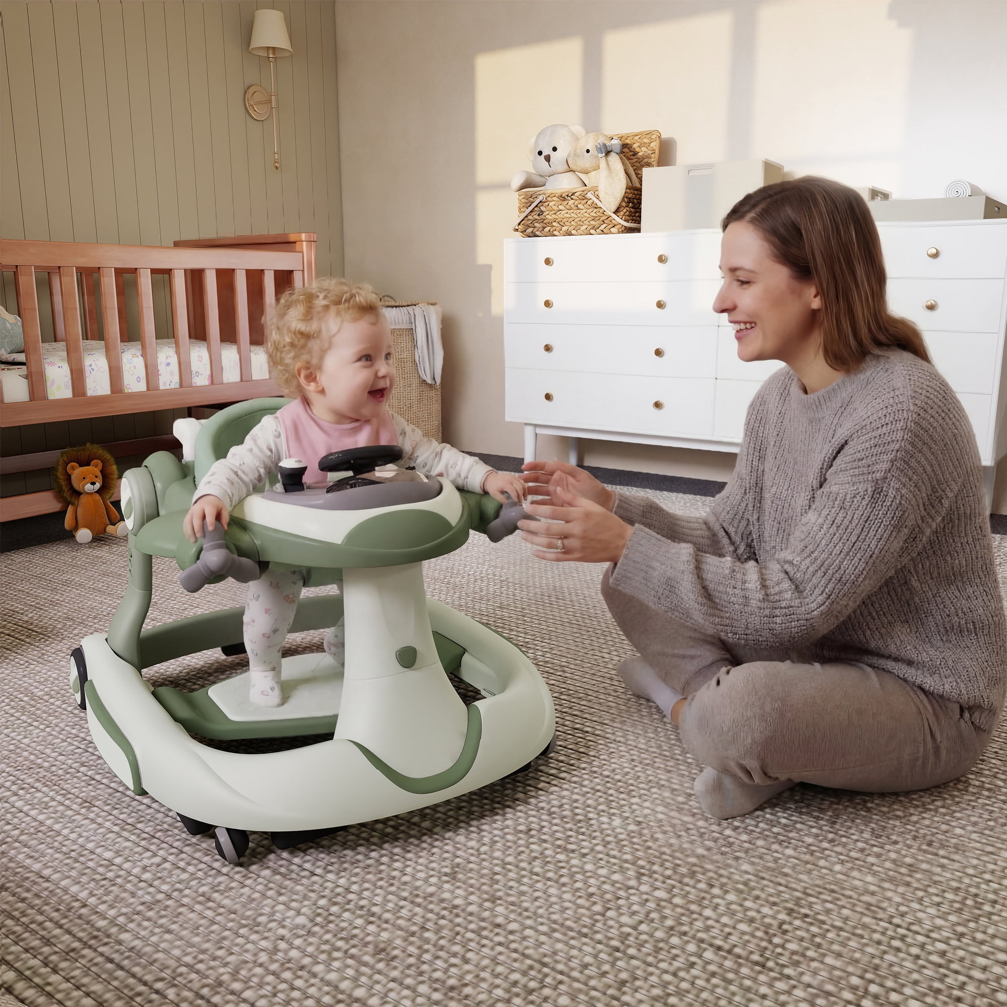 AILEEKISS 5-in-1 Musical Baby Walker with Wheels, Foldable Baby Walker for Boys Girls, Green