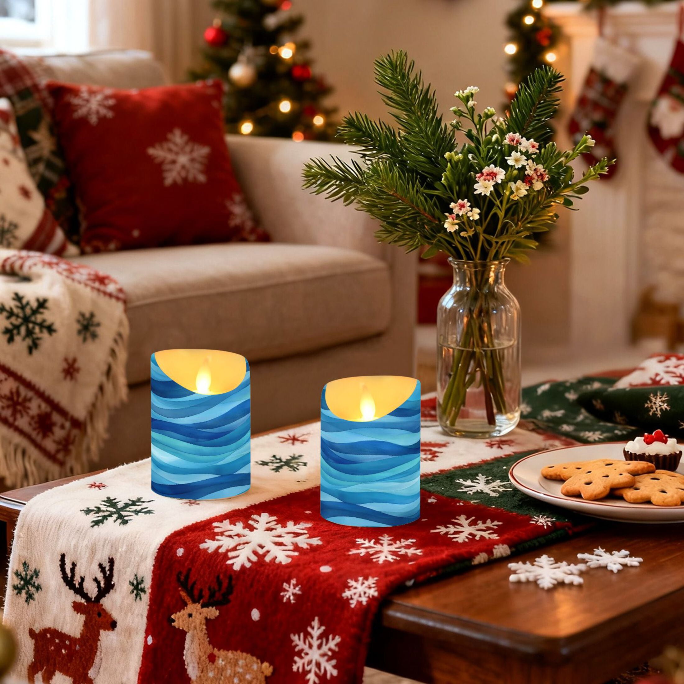 Blue Wavy Art Pattern Flameless Candles 2 PCS with Remote Realistic Moving Flame LED Tapered Pillar Set for Home Decor