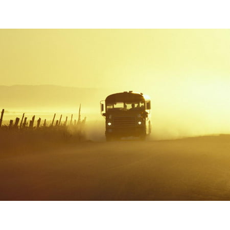Rural School Bus Driving Along Dusty Country Road, Oregon, USA Print Wall Art By William
