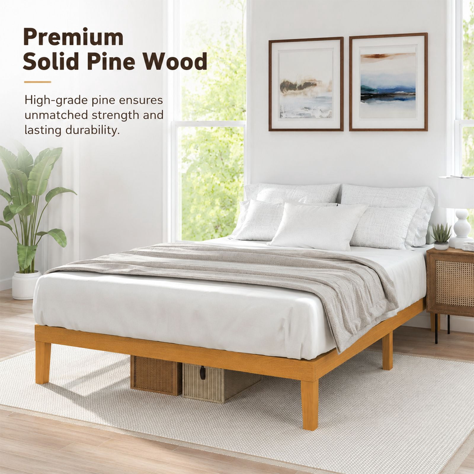Alvantor Natural Pine Platform Bed Frame, 16" High, Sturdy Wood Sturdy Slats, Noise-Free Design, No Box Spring, Easy Assembly
