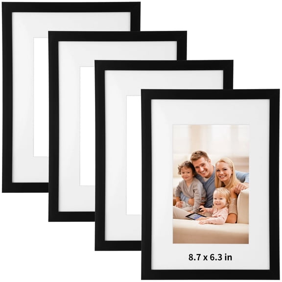 4 PCS 8.7 x 6.3 in Black Picture Frames, Display 7.9 x 5.5 in without Mat or 5.4 x 3.5 in with Mat, Wall and Tabletop Photo Frames for Home Office Gallery, Plastic Frame with Clear Plastic Front