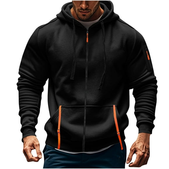 JIAXIN Hoodies for Men Casual Fleece Lined Long Sleeve Full Zipper Hooded Sweatshirt Lightweight Gym Pullover Tops with Kangaroo Pocket(Black,XXL0(Black,XXL)