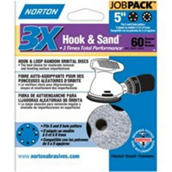Norton 50-Pack 5-Inch  P60 3X Hook and Sand Sanding Discs, 74368