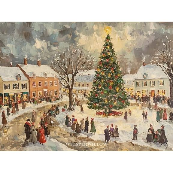 Velto Vintage Winter Village Scene With Holiday Tree And Festive Crowd, Snowy Holiday Landscape Wall Decor Canvas, 8x10 0.75-Inch Pine Wood Frame