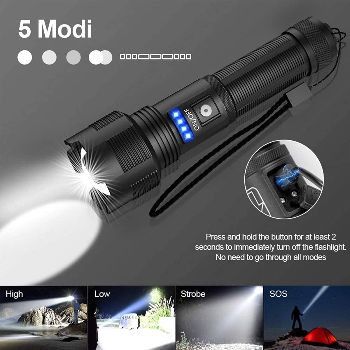 18 T6 LED Flashlight Searchlight USB Rechargeable Torch Light Lamp Hiking