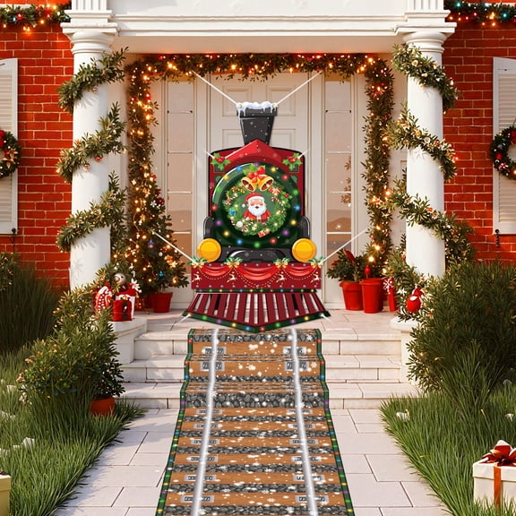 Christmas Banner Party Decoration Christmas Train Hanging Banner Railroad Track Aisle Polyester Fabric for Christmas Party Christmas Train Theme Birthday Party