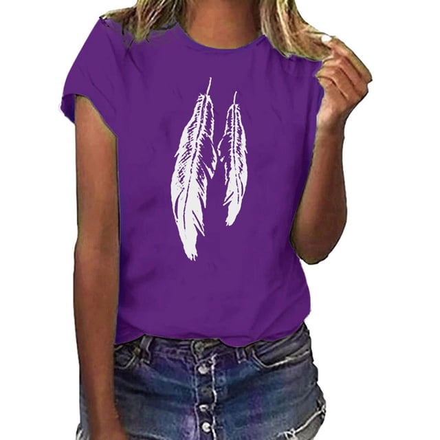 LSLJS T-Shirt à Imprimé Plume pour Femmes Manches Courtes Col Rond Décontracté