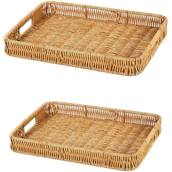 2 Pack Rectangle Rattan Serving Trays with Handles, Decorative Woven Wicker Organizer Baskets Storage Tray for Coffee Table, Bread, Fruit, Snacks
