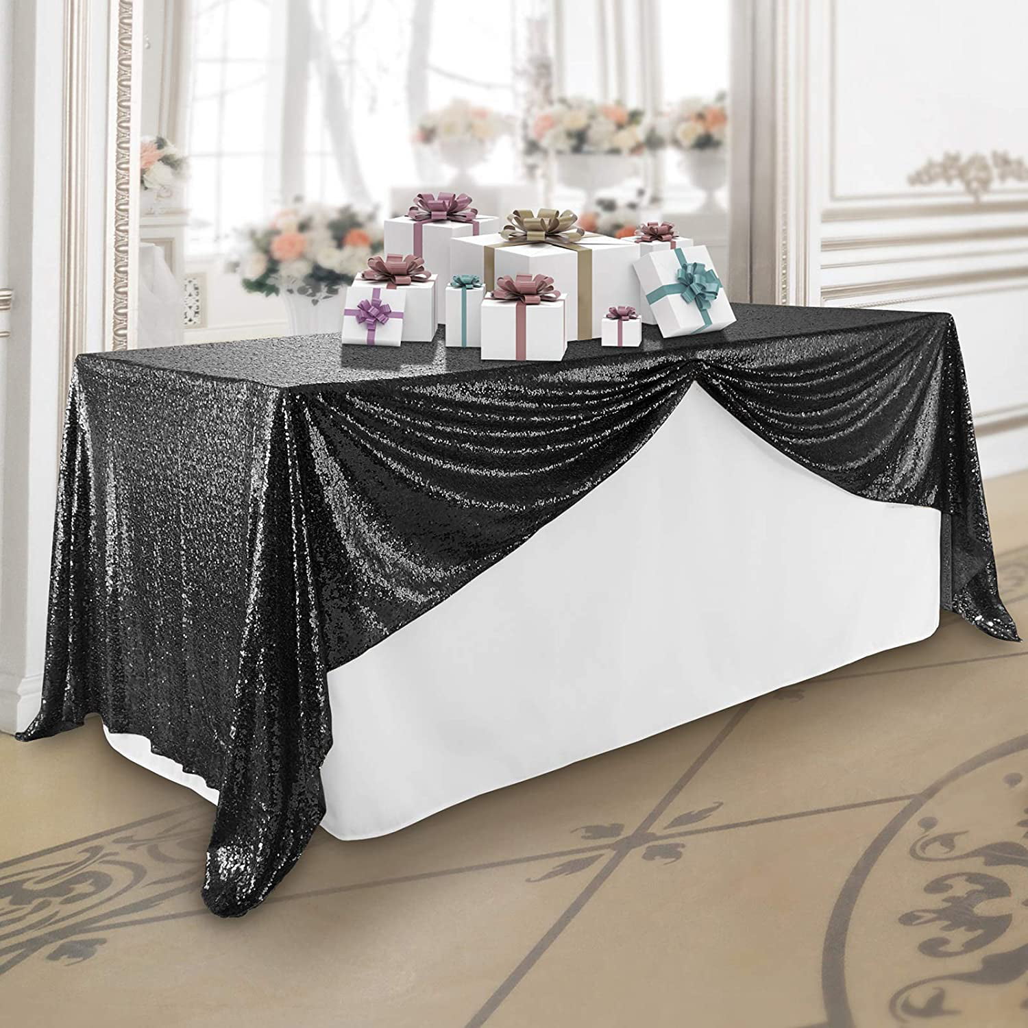 9ft Purple Sequin Table Skirt - Glitter Rectangle Tablecloth For Birthday, Wedding, Party Decor
