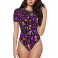 thumbnail image 1 of Saiise Mardi Gra2 Motif Combinaison à Manches Courtes pour Femmes Col Rond Pyjama Justaucorps Extensible avec Fermeture à Pression-Petit, 1 of 7