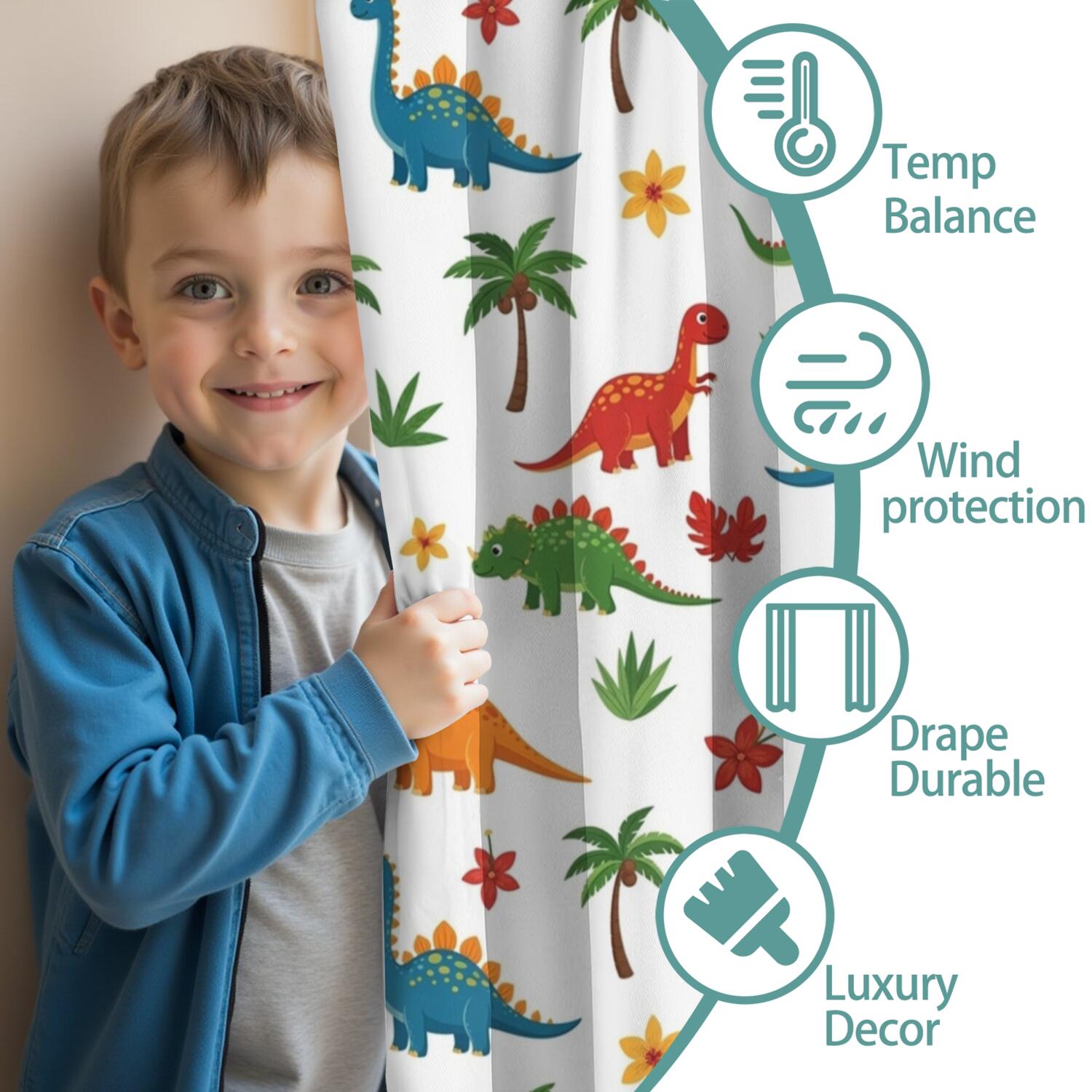 Blackout Kids Curtains,Tropical Dinosaur Pattern Childrens Insulated Curtains Set Of 2,Bedroom Essentials,Toddler Room Decor 42"x54"