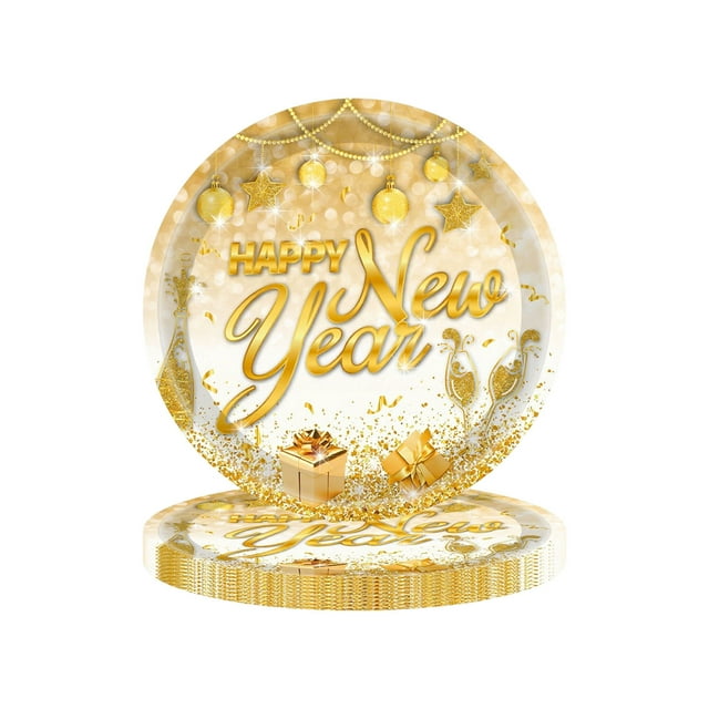 B New Year Party Tableware Disposable Paper Plates Set White And Gold Happy New Year Theme 9 Inch Plates 23X23Cm 9.06X9.06 Inches