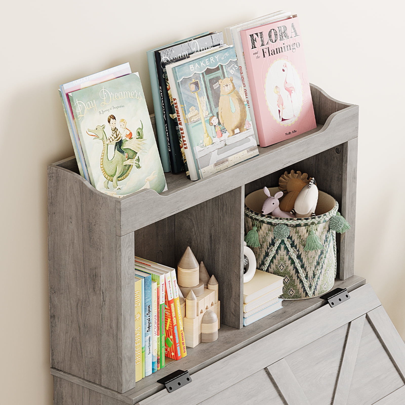 Kids Bookshelf and Toy Storage Organizer, Large Wooden Toy Box Chest with Flip-top Lid and Cubby, 3-Tire Children's Bookcase with Toy Storage Cabinet for Playroom Bedroom Nursery Kindergarten Hallway