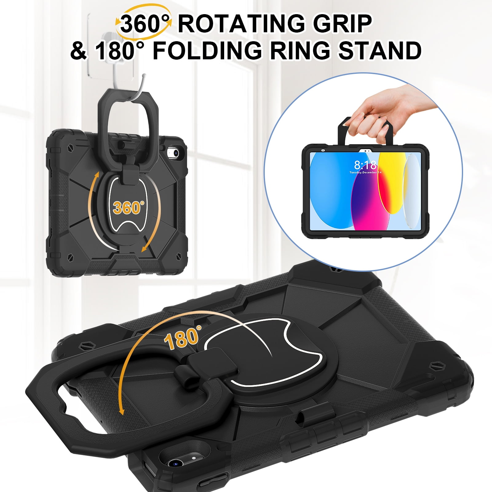 Dteck Case for iPad (A16) 11th/10th Generation 10.9 inch 2025/2022,Rotating Stand & Pencil Holder & Hand Grip & Shoulder Strap Shockproof iPad 11th/10th Generation Case (11th/10th Gen),Black