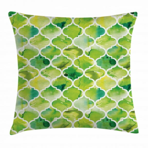 Watercolor Throw Pillow Cushion Cover, Moroccan Trellis Pattern in Green Tones Watercolor Vintage Artwork, Decorative Square Accent Pillow Case, 24 X 24 Inches, Lime Green Yellow White, by Ambesonne