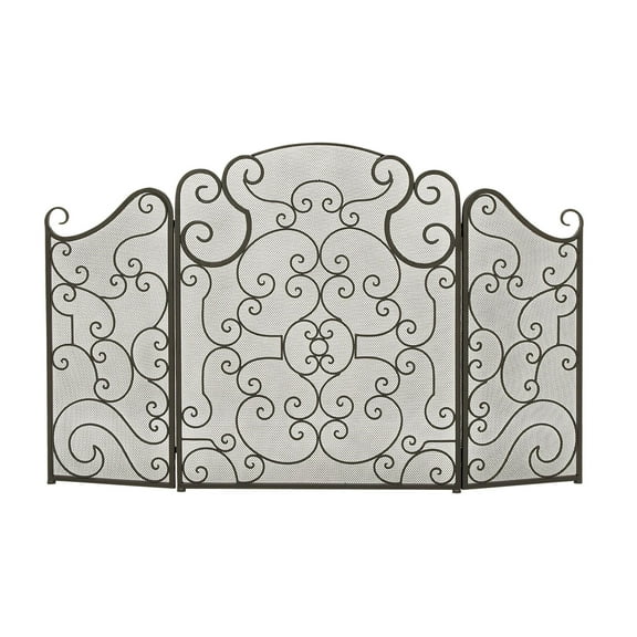 DecMode Black Traditional Metal 3 Panel Foldable Fireplace Screen with Mesh Netting and Scroll Pattens, 52"W x 35"H