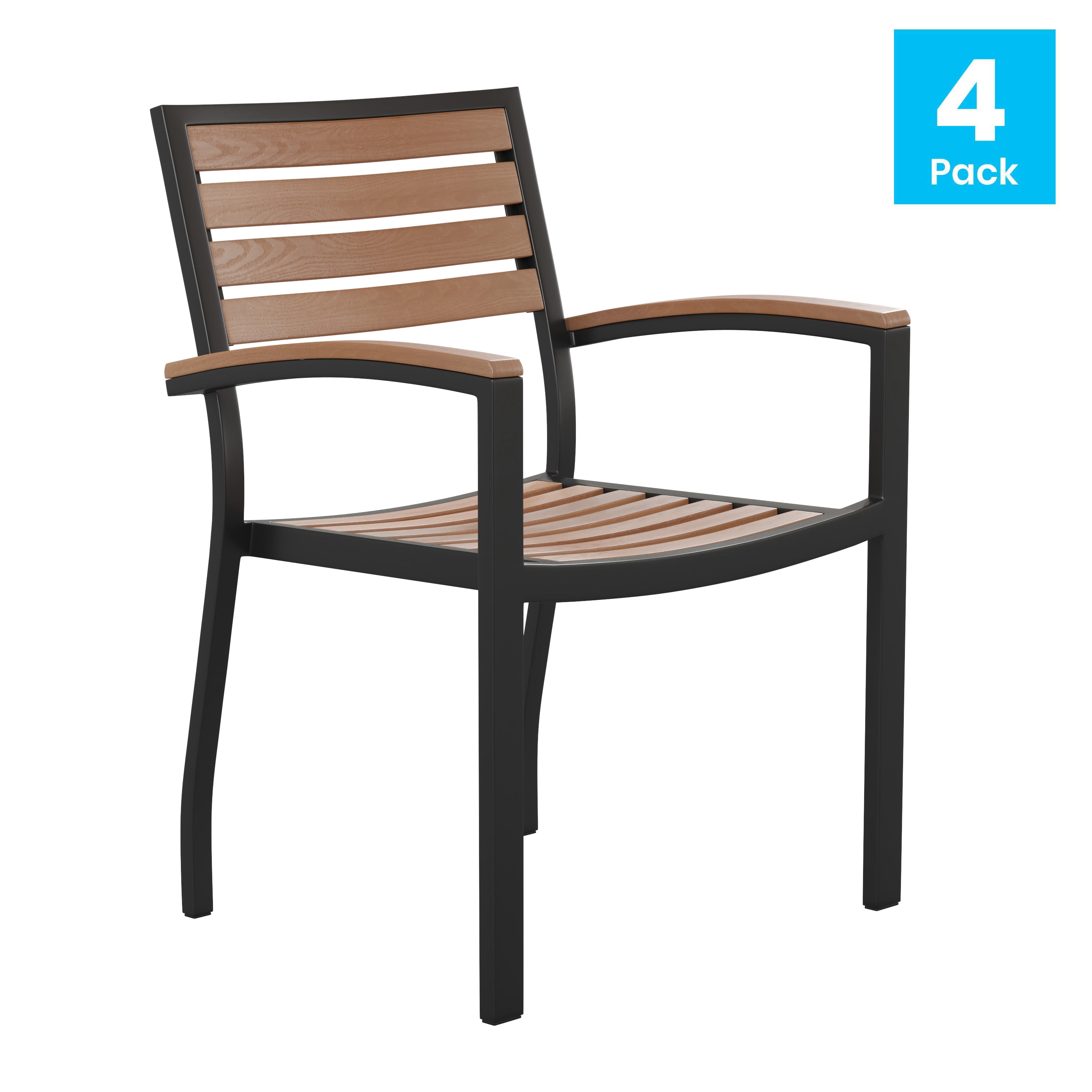 BizChair Outdoor Stackable Faux Teak Side Chair - Commercial Grade Black Aluminum Patio Chair with Synthetic Teak Slats - Set of 4