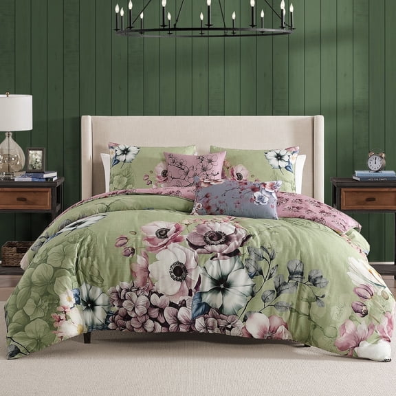 Bebejan Lilac Cascade 5 Piece Comforter Set, Queen, Green, 100% Cotton Sateen, Reversible, All Season, Cozy Comfort