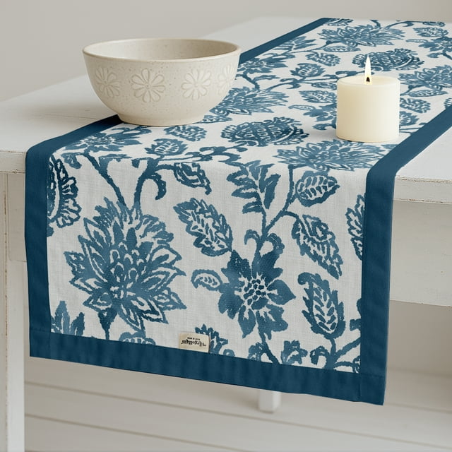 Vargottam Handcrafted Double Layer Cotton Table Runner - Vargottam Fabric Table Linen with Border - Machine Washable, Stylish Runner for Dining & Console Tables - Floral