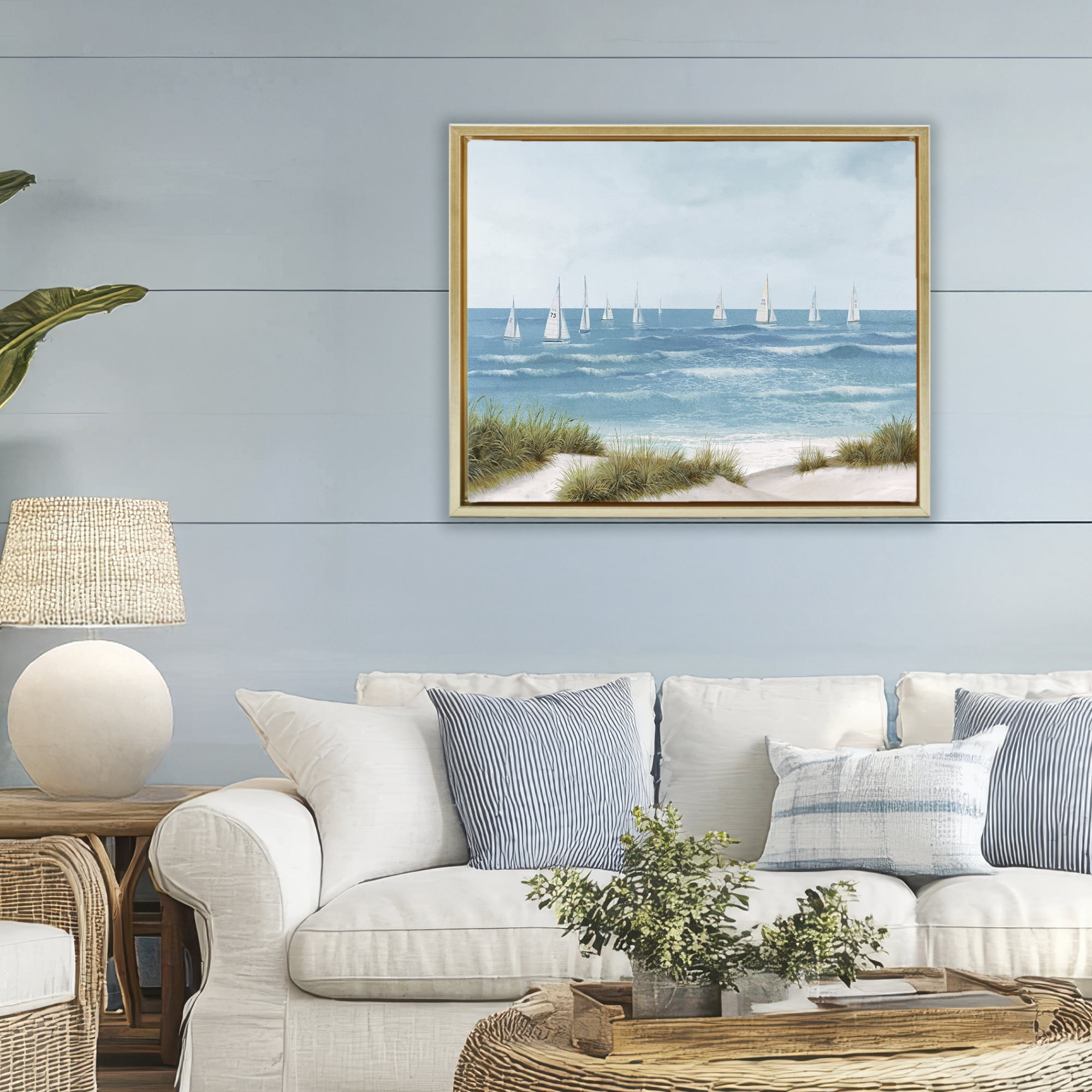 Stupell Industries Sail Away Seaside Boats Gold Framed Floater Canvas Wall Art, design by Lorenzo Collective