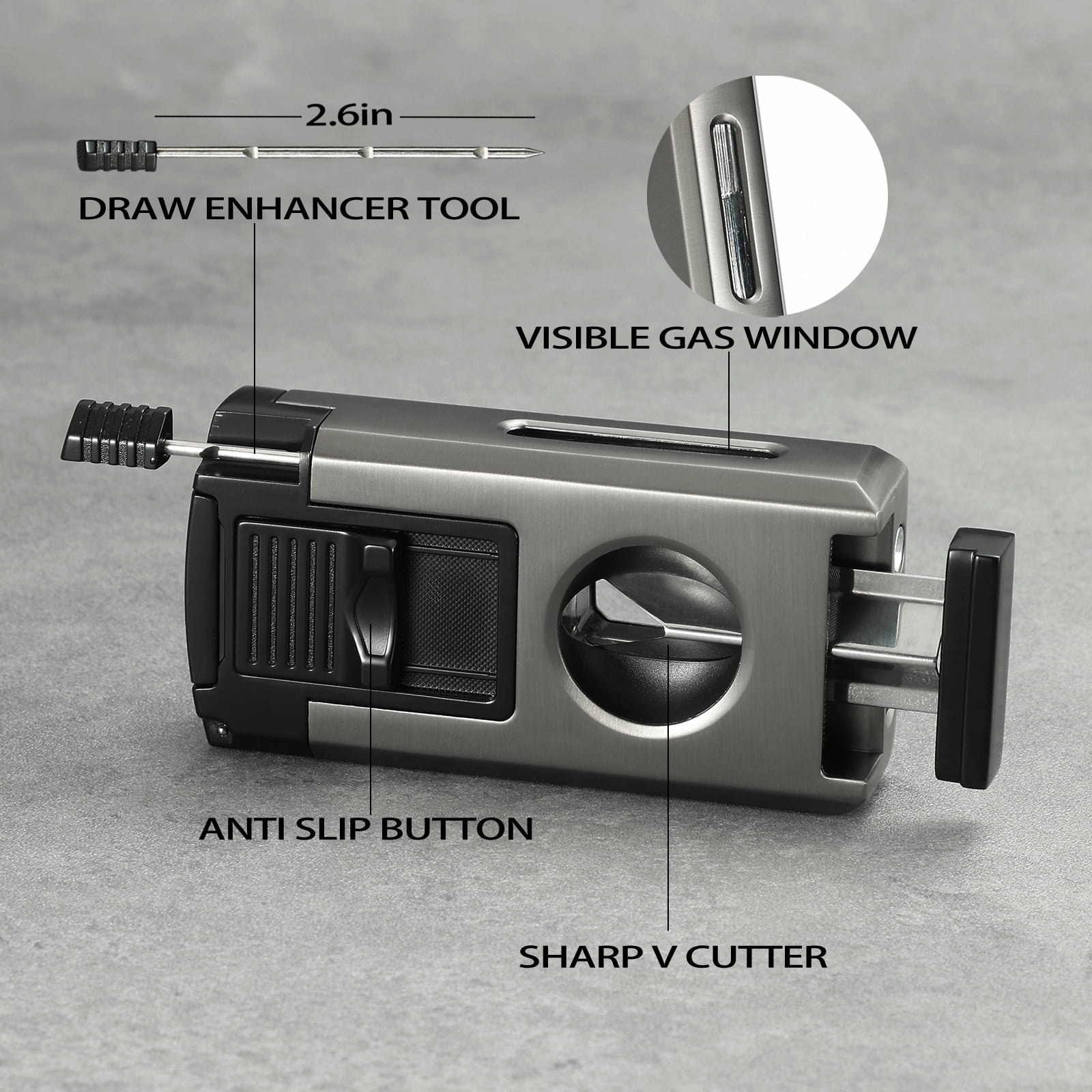 All in One Jet Flame Cigar Torch Lighter Built-in Cutter V Cut, Punch, Holder Function, Draw Enhancer Tool, Refillable and Adjustable Windproof Lighter (Sold Without Gas)