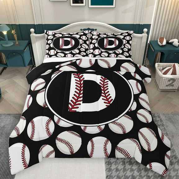 Homewish Baseball Initial Letter Full Size Comforter Sets, Cartoon Monogrammed D Bedding Comforter Set, Kawaii Ball Print Reversible Bedding Sets, Lightweight Room Decor, 3 Pieces