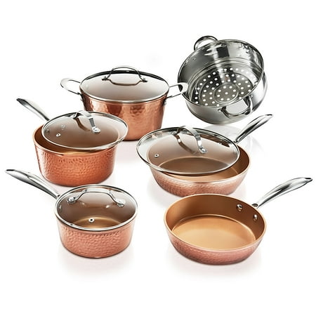 

Hammered Collection Pots and Pans Set 10-Piece Premium Cookware Set with Nonstick Coating Dishwasher and Oven Safe Copper