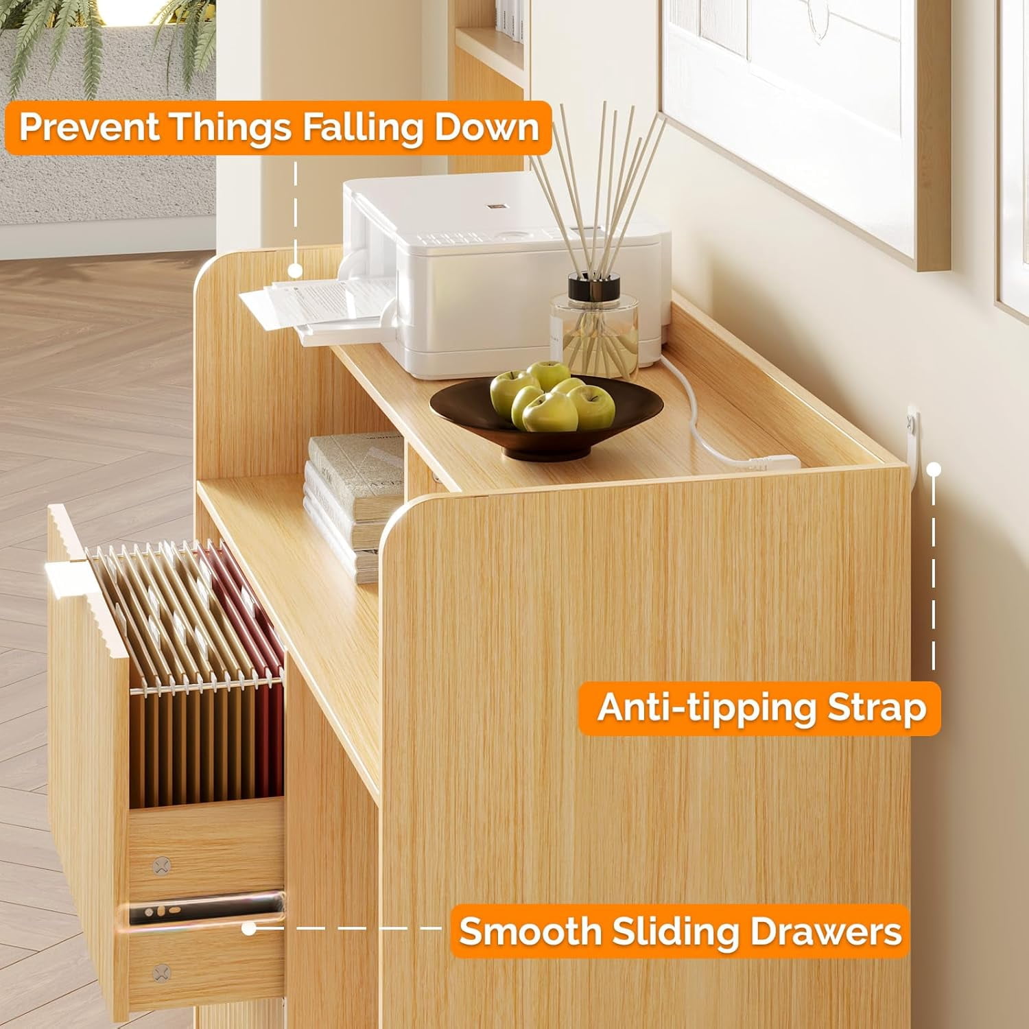 Ktaxon Wood 2 Drawer File Cabinet with Cart Charging Station Dresser Office Cabinet, Wide Printer Paper Shredder Stand with Storage Shelves for Home Office Study