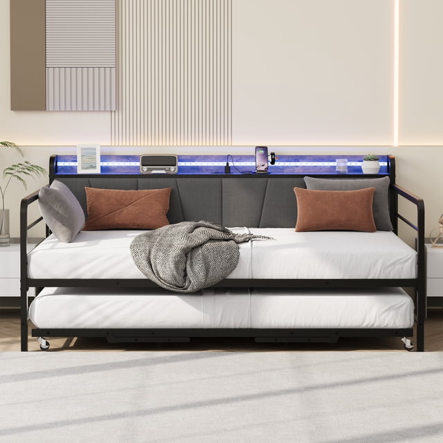 BeesClover Cadre de Lit de Jour Simple avec Lit Gigogne, Construction en Métal Robuste avec Lumière LED, Tête de Lit Rembourrée en Lin et Station de Charge