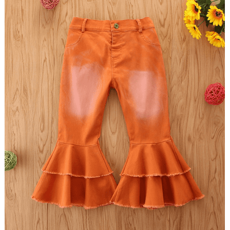 

Kiapeise Toddler Baby Girl Double Flared Jeans White Washed Bell-bottom High-waist Denim Pants Spring Fall Outfit for 1-6 Years Old