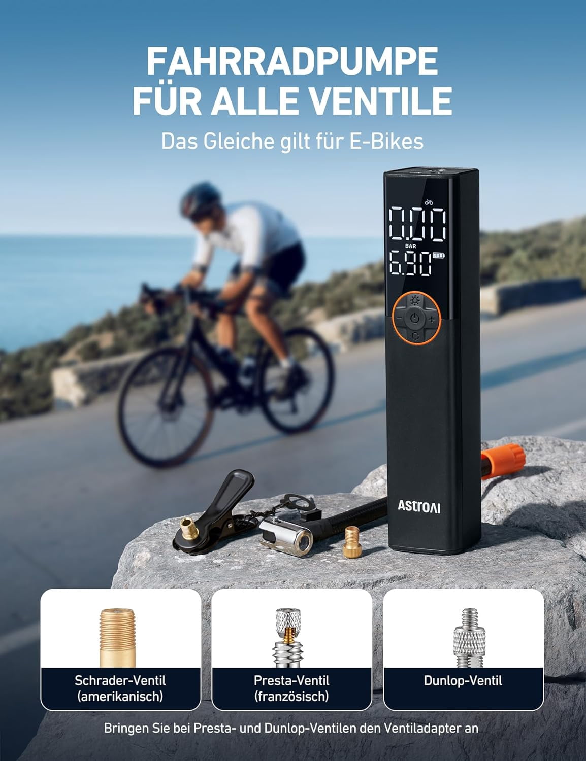AstroAI Bicycle Pump Electric Air Pump, 150 PSI Mini Portable Battery Bicycle Pump All Valves, High Voltage Motor Specially for Bicycle, Rechargeable for City Bike, Road Bike, Mountain Bike, E-Bike