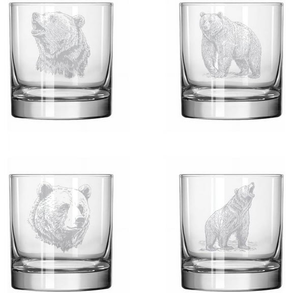 Set of 4 Glass 11 oz Rocks Whiskey Old Fashioned Gift Bear Collection
