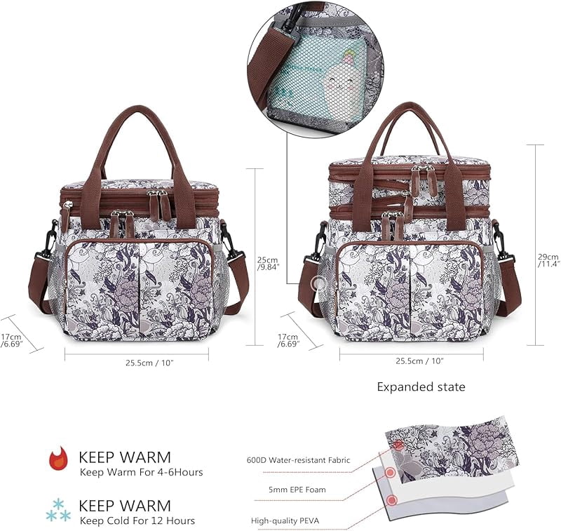 Lunch Bag Insulated Expandable Lunch Box for Women - Reusable Adults Floral Lunch Tote Bag Lunch Box for Office Work Picnic (Yellow Flower)