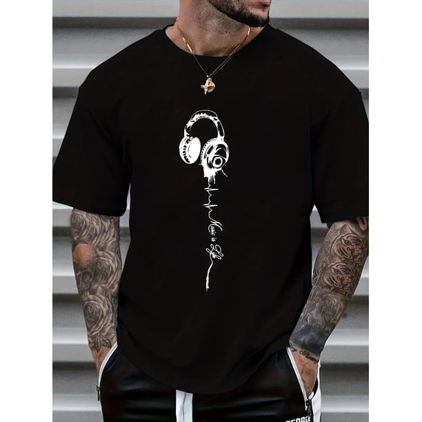 Playera Para Hombre de Cuello RedondoComfy Men's Music Print Short Sleeve Elastic Crew Neck T-Shirts, Casual Clothing Tee For Adult, Men, Women, Teen, Teenager, Adolescent, YouthFather's Day, Mother