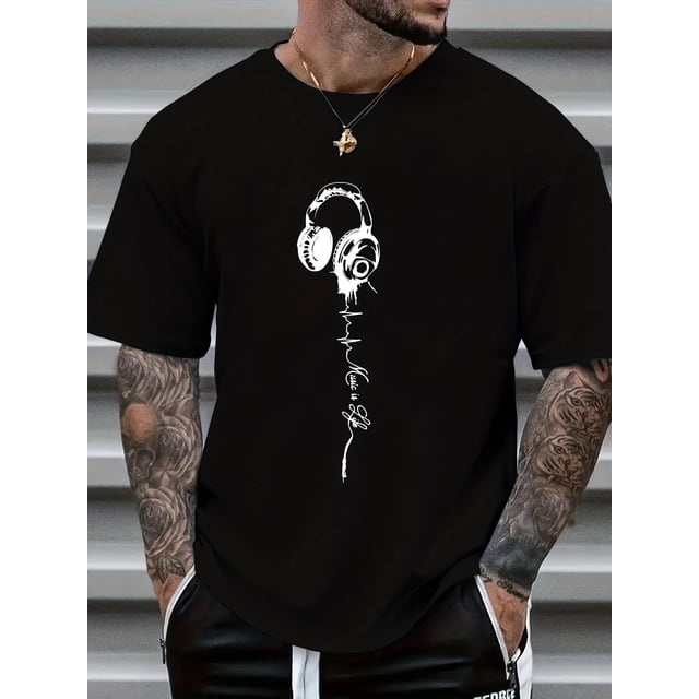 Playera Para Hombre de Cuello RedondoComfy Men's Music Print Short Sleeve Elastic Crew Neck T-Shirts, Casual Clothing Tee For Adult, Men, Women, Teen, Teenager, Adolescent, YouthFather's Day, Mother