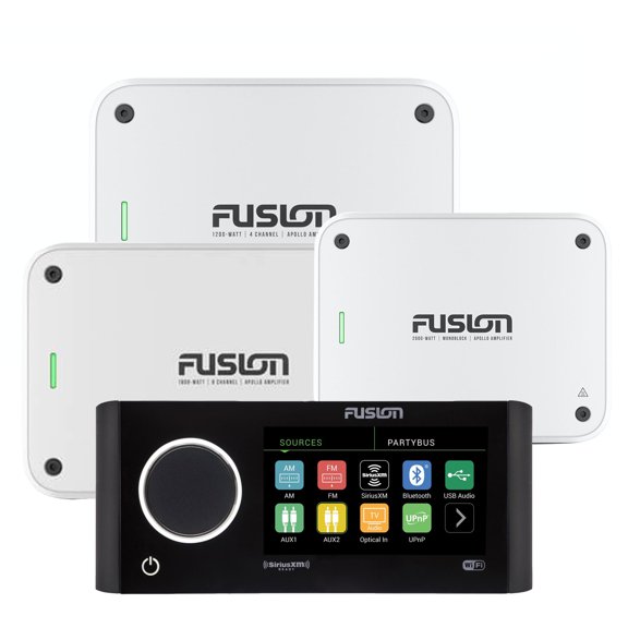 Fusion MS-RA770 Apollo Marine Entertainment System With Fusion MS-AP61800 Apollo 6 Channel, MS-AP41200 4 Channel, and MS-AP12000 Mono Amplifiers