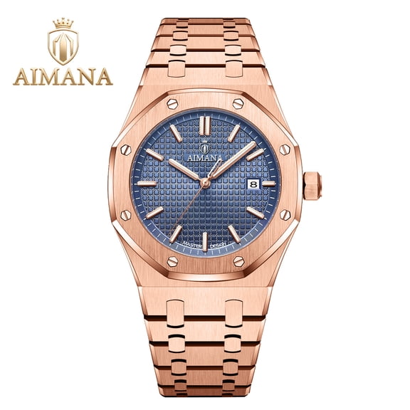 Men’s Analog Quartz Wrist Watch, Rose‑Gold Stainless Steel Bracelet, Textured Blue Dial with Date Display, Luminous Hands, 30M Water Resistant for Business & Daily Wear