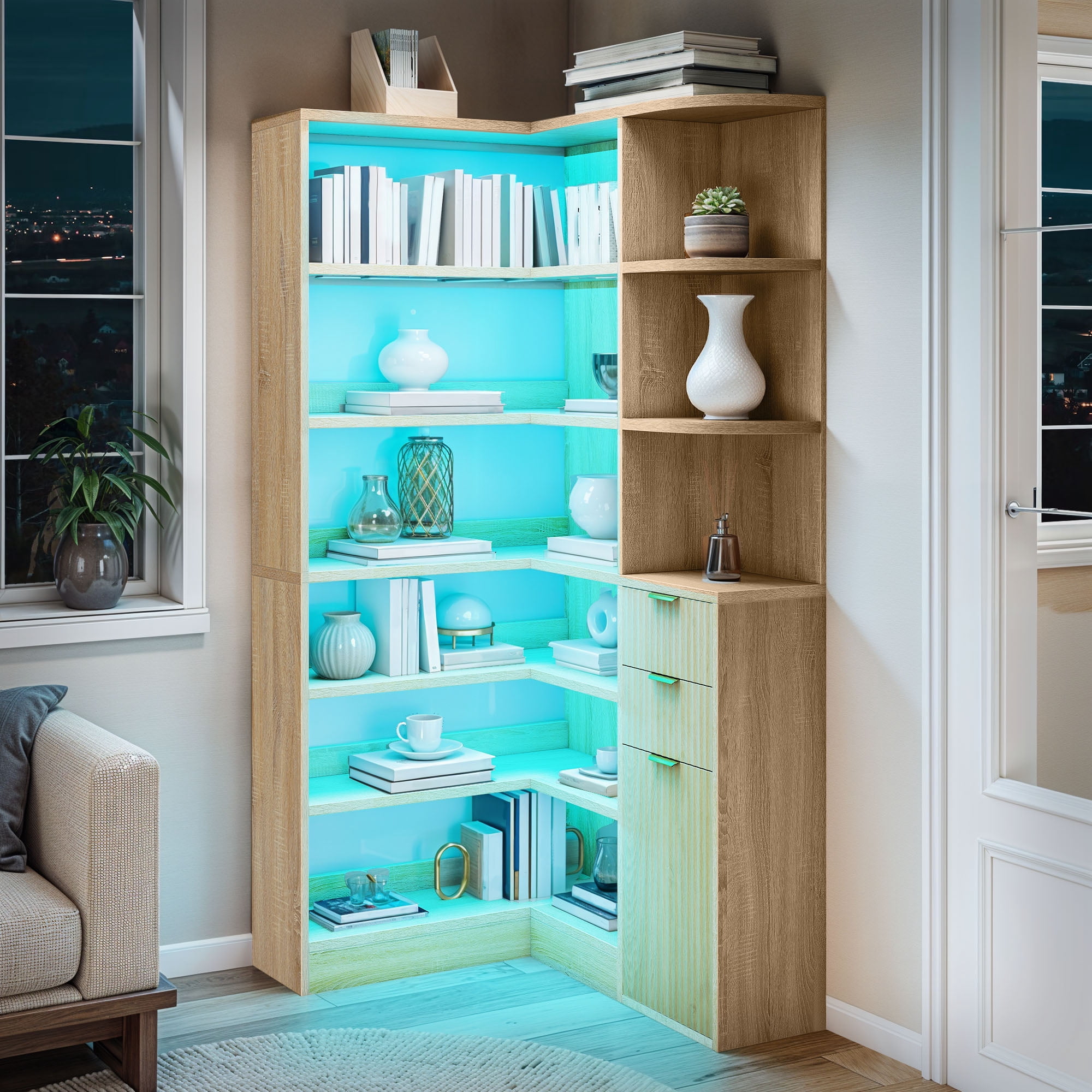 Uforic 6-Tier Corner Bookshelf with 2 Drawers, Modern Tall L Shape Bookcase with LED Light & Storage, Oak