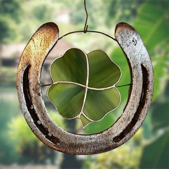 Metal Four Leaf Clover Lucky Horseshoe 2D Hanging Ornament, Stained Glass Style Design, Rustic Decor For Home Living Room Bedroom Office Garden Patio