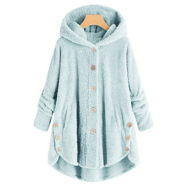 Veste Femme Mode Bouton Laine Moelleuse à Capuche Veste Ample Hiver Chaleur Grande Taille