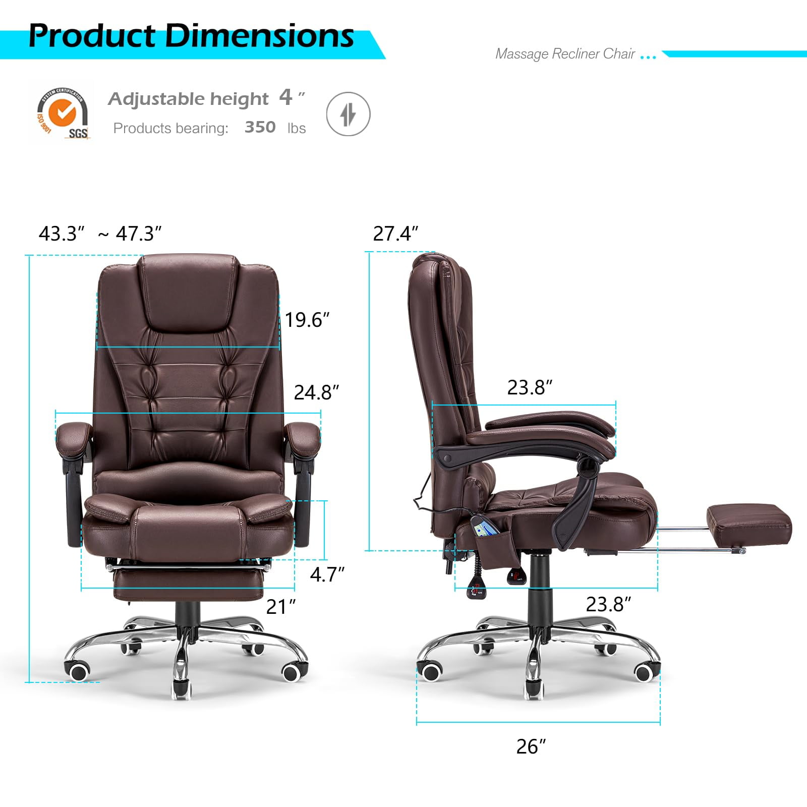 YODOLLA 7 Points Massage Office Chair with Heat Ergonomic Reclining Computer Chair High Back Desk Chair w/Retractable Footrest Ergonomic Leather Office Chair，Brown