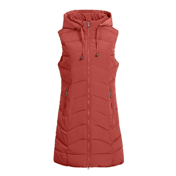 Gibobby Chaleco largo acolchado mujer, Chaleco largo para mujer, talla grande, sin mangas, con capucha, para invierno, ligero, con cierre completa, para exteriores(Rojo de la sandía,G)