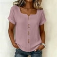 thumbnail image 5 of Women's Solid Linen Short Sleeve U-Neck Button Top Summer T-Shirt, 5 of 9
