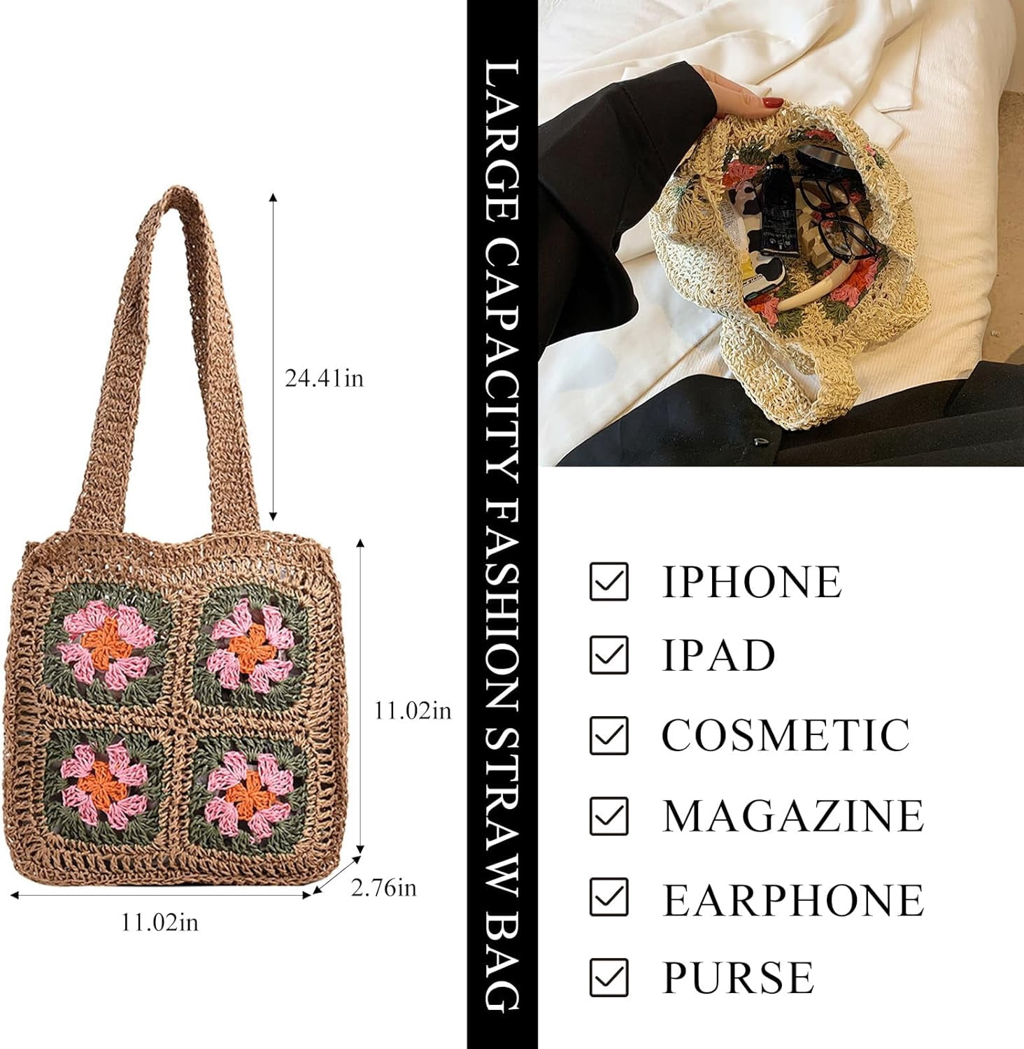 Kukuzhu Crochet Beach Bag, Summer Cute Straw Tote Bags Woven Beach Bag Knit Bags for Women Crochet Purse
