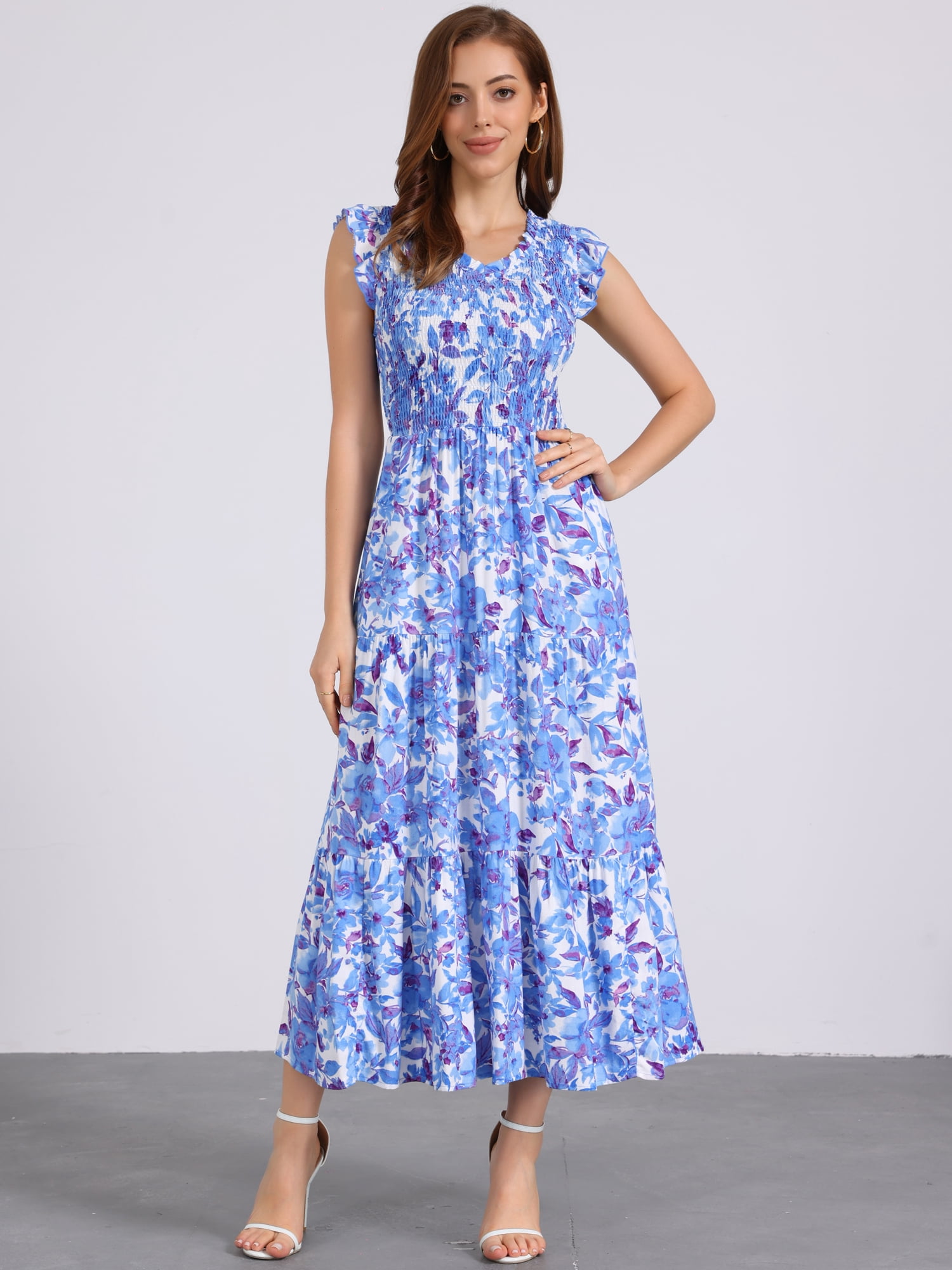 DARING DIVA V Neck Smocked Ruffle Tiered Maxi Dress L Blue