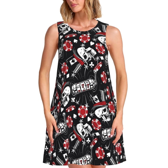 Fotbe Vintage Skull Casino Vestido de Verano sin Mangas para Mujer – Vestido Midi Línea A, Estilo Camiseta Floral, Vestido Playero Casual y Fluido
