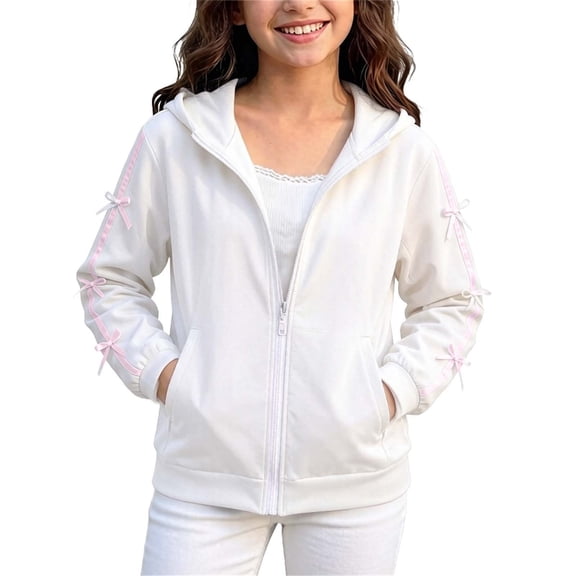 fatyb Girls Hooded Full Zip Sweatshirt Bowknot Long Sleeve Hoodies with Pockets Kids Girls Cute Jacket