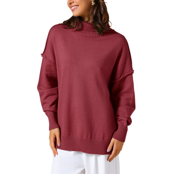 SUÉTER PULLOVER CHIC PARA MUJERES DE LARGA MANGA CON CUELLO ALTO SUELTO Y OVERSIZED, TOPS CASUAL 2025 2XL ROJO VINO