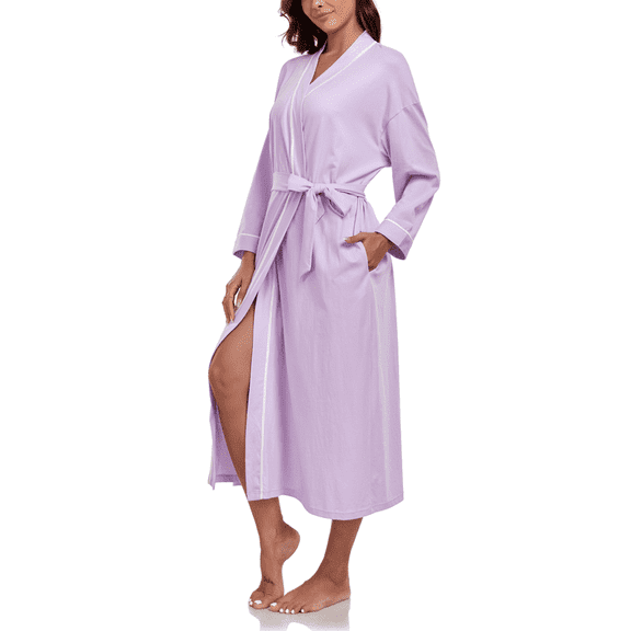 MAYFISH Women's 100% Cotton Lightweight Long Kimono Robe, Soft Bathrobe for Women with Pockets(Purple,XL)