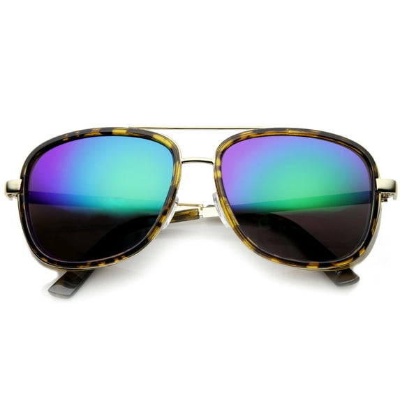 sunglassLA Unisex Men's Crossbar Side Shield Square Colored Mirror Lens Aviator Sunglasses 55mm (Tortoise-Gold / Midnight) - 55mm